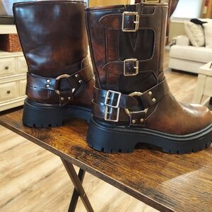 Women Punk Leather Buckle Mid Calf Boots Round Toe Boots Motorcycle Biker Boots
